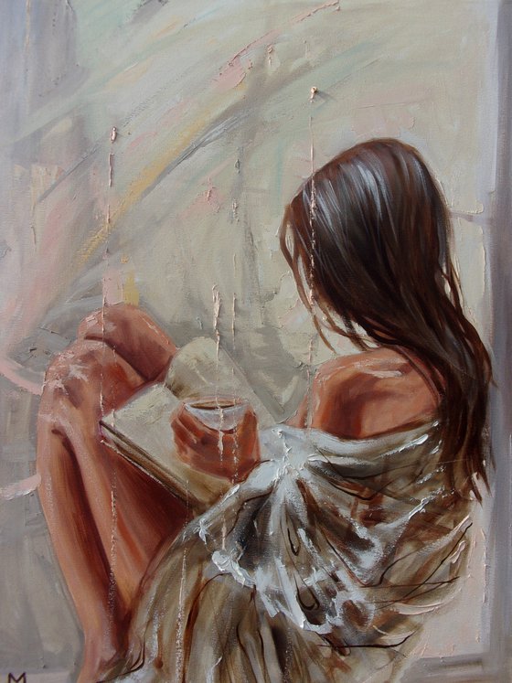 " SPRING STORY ... "- liGHt BOOK COFFEE ORIGINAL OIL PAINTING, GIFT, PALETTE KNIFE nude WINDOW (2021) Edit