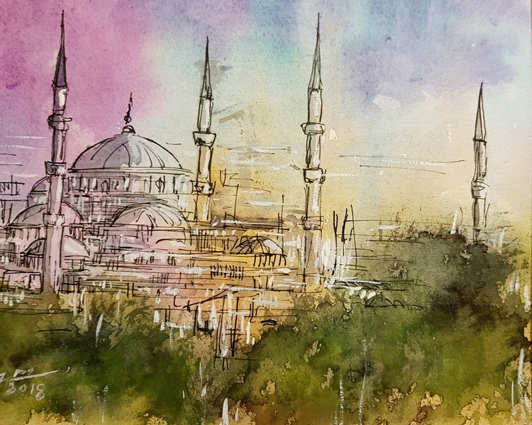 Blue Mosque Watercolour By Jamaleddin Toomajnia Artfinder