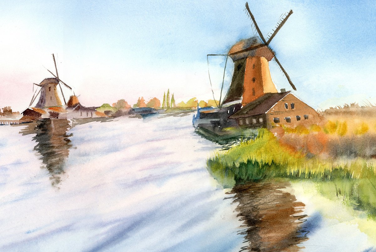Impressionistic Watercolour , Golden Windmills By Olga Tchefranov (Shefranov), 18 X 12, Artwork For Sale On Artfinder