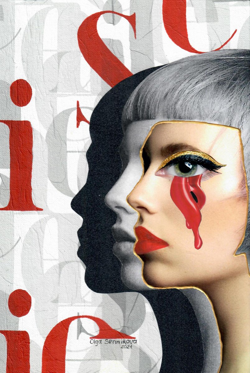 Bifurcation - mixed media collage acrylic painting girl red tears by Olga Sennikova