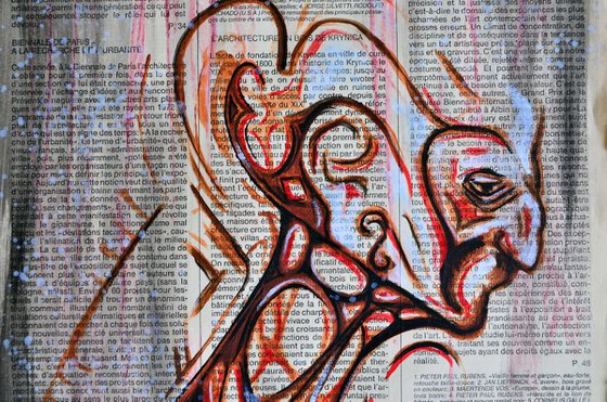 Demon - Original Painting Collage Art on Vintage Page