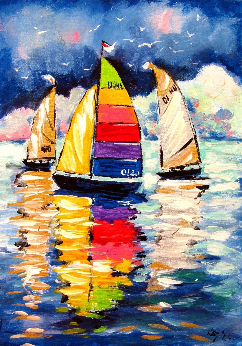 Sailboat With Gold And Silver By Kovacs Anna Brigitta, 10 X 13, Artwork For Sale On Artfinder