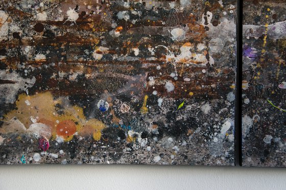 "Artist floor" (149x52x2,5 cm) Triptych - Collectors item (abstract, gouache, original, painting, coffee, acrylic, oil, watercolor, encaustics, beeswax, resin, wood, fingerpaint)