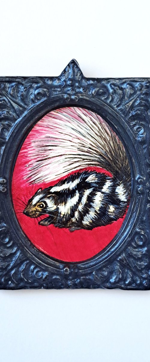 Spotted skunk, part of framed animal miniature series "festum animalium" by Andromachi Giannopoulou