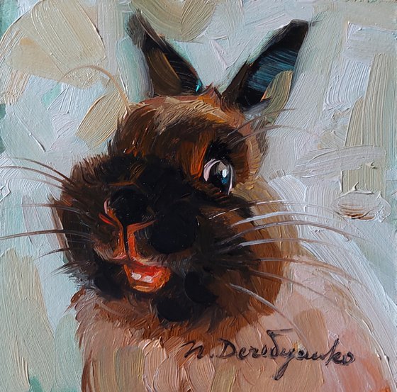 Cute rabbit painting original oil framed 4x4, Small framed art brown rabbit artwork