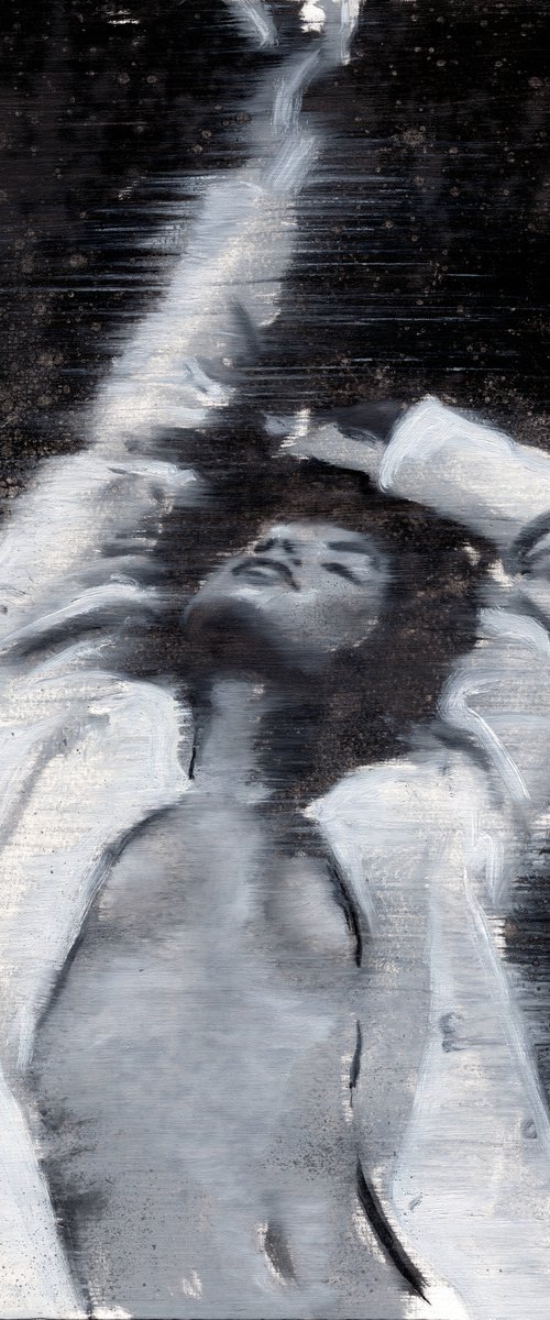 Birttane | Black and white oil painting on paper | dancing beautiful powerful woman wearing vibe lady by Renske Karlien Hercules
