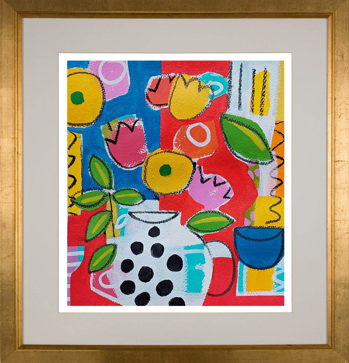 Abstract Botanical Acrylic Painting By Jan Rippingham, 11 X 12, Flowers In A Polka Dot Vase, Original Artwork