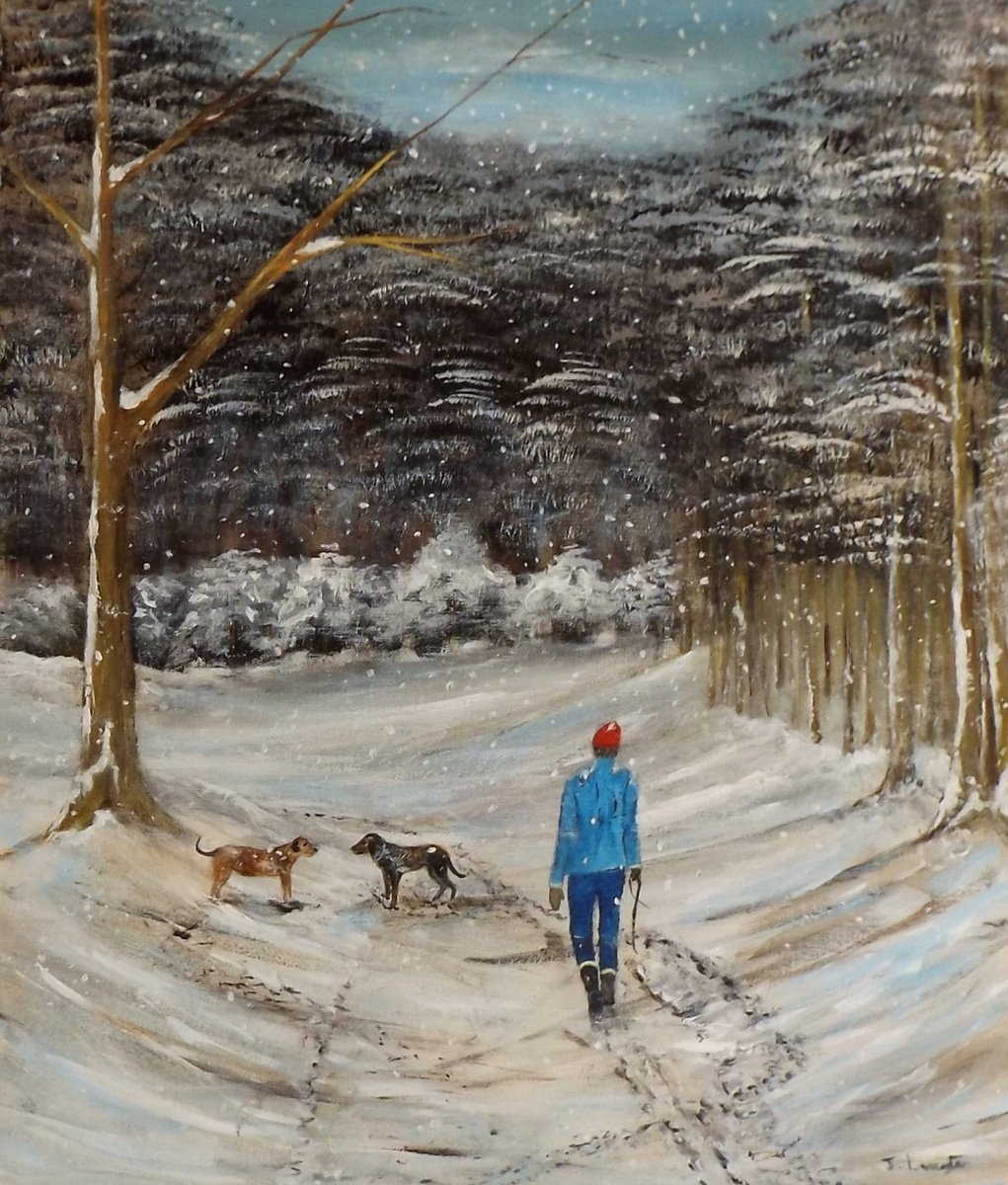 Impressionistic Landscape Acrylic Painting By James Lancaster, 20 X 24, Dog Walker, Original Artwork