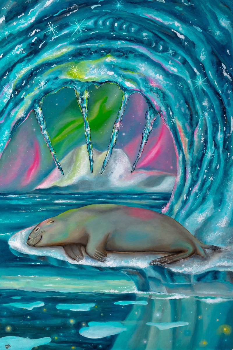 Surrealistic Animal Acrylic Painting By Saskia Huitema, 18 X 26", Four Of Swords, Original Artwork