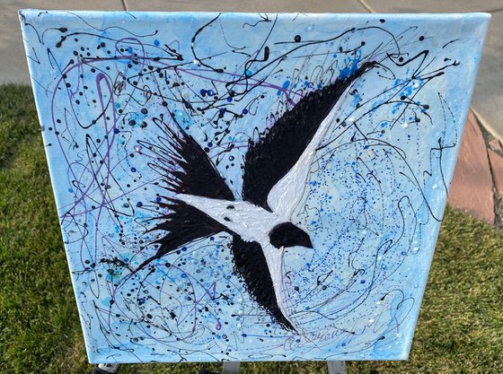 Abstract Bird Against the Sky Pollock Inspired + Palette Knife Painting on Canvas - 14 "X 14" X 0.5"