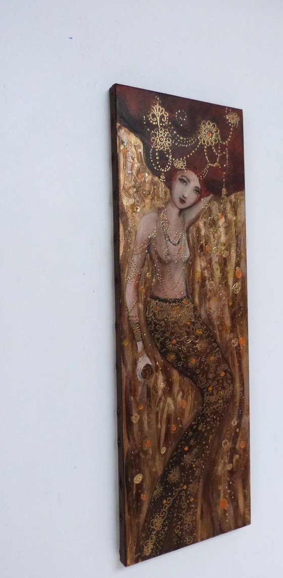Gold abyss 20 x60 cm.Mermaid woman in gold.
