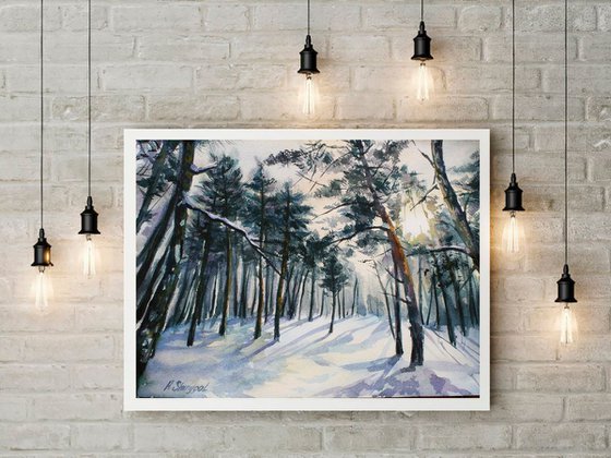 Watercolor painting landscape Winter forest, pines trees, snow, original artwork