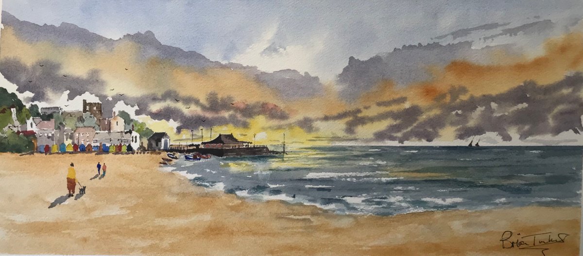 Impressionistic Landscape Watercolour By Brian Tucker, 18 X 8, Dawn At Broadstairs, Original Artwork