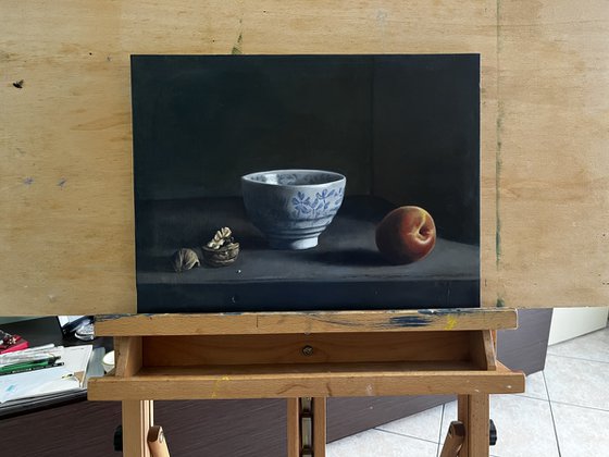 Grisaille Still Life: Peach and Walnuts