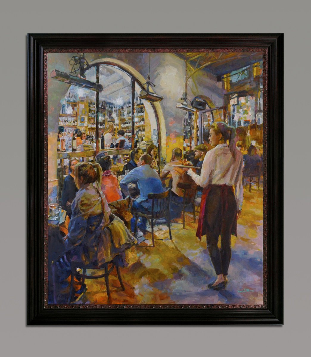 Impressionistic Portrait Oil Painting By Vachagan Manukyan, 24 X 28", Evening At The Cafe #2, Original Artwork