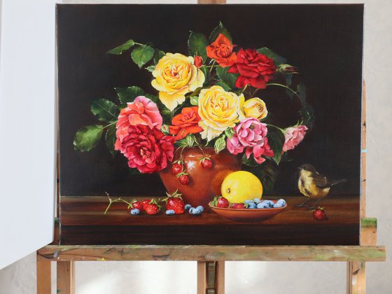 Garden Roses and Little Bird