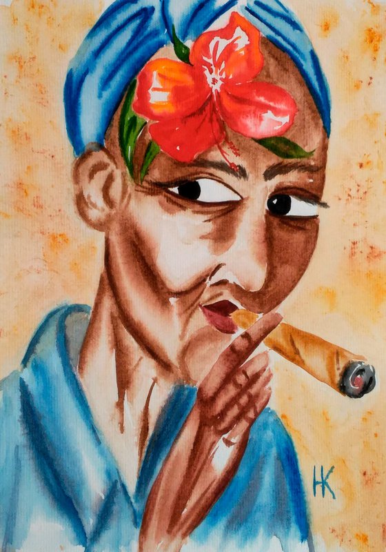 Flower Head Painting Portrait Original Art Cuban Watercolor Smoking Woman Small Artwork Home Wall Art 8 by 11" by Halyna Kirichenko