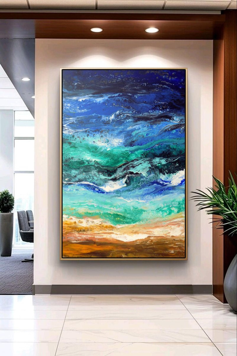 Abstract Landscape Acrylic Painting By Areti Ampi, 28 X 39, Ocean Waves, Original Artwork
