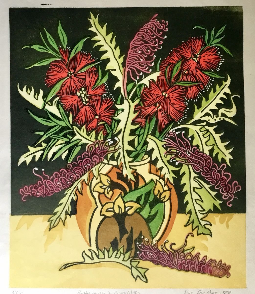 Botanical Linocut By Rosalind Forster, 12 X 17", Bottlebrush And Grevilleas, Original Artwork