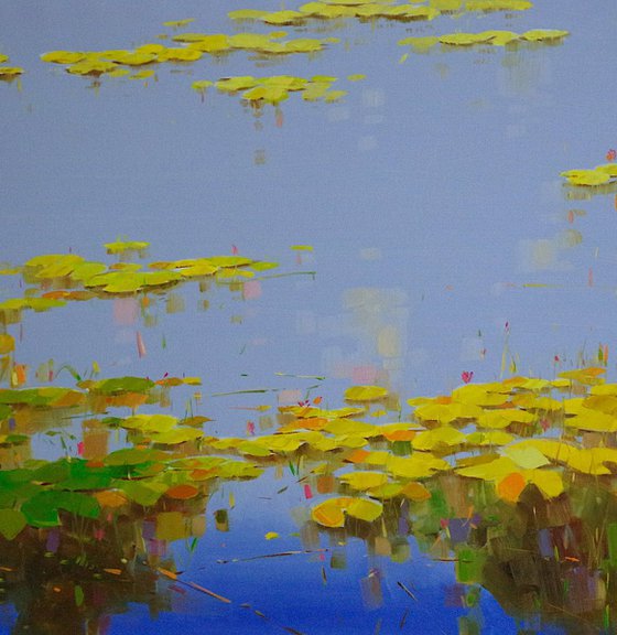 Waterlilies in Cobalt, Large Original oil Painting, Portrait Orientation,  Impressionism, Handmade artwork, One of a Kind