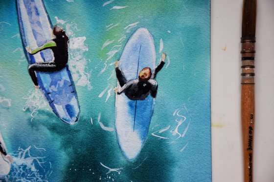 Surf Watercolour Painting, Surfing Sea Ocean Art Original, Boho Summer Wall Art, Gift for Surfer