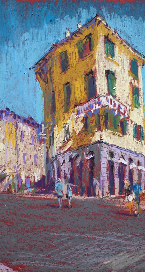 Verona Street. Sunny urban landscape. Italy small oil pastel impressionistic interior painting bright sunny by Sasha Romm