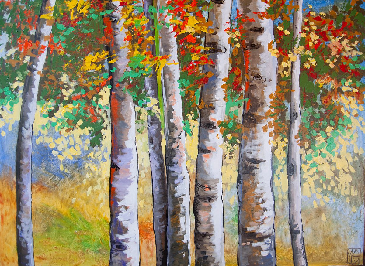 Impressionistic Landscape Acrylic Painting By Maria Kireev, 47 X 35", Tree Crowns, Original Artwork