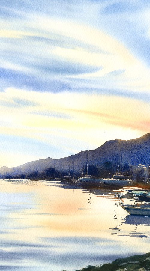 Yachts on the pier at dawn Cyprus by Eugenia Gorbacheva
