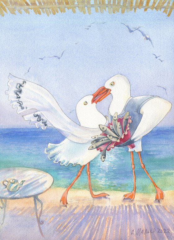 Series Coastal Cafe / ORIGINAL watercolor Unique pictures Seagulls Sea illustration