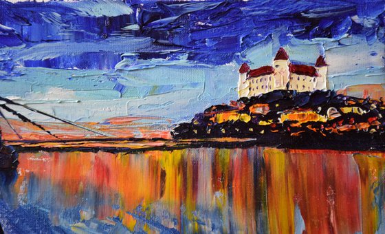 Night city Impasto OIL PAINTING on canvas Bratislava Castle in Slovakia, palette knife impressionistic art