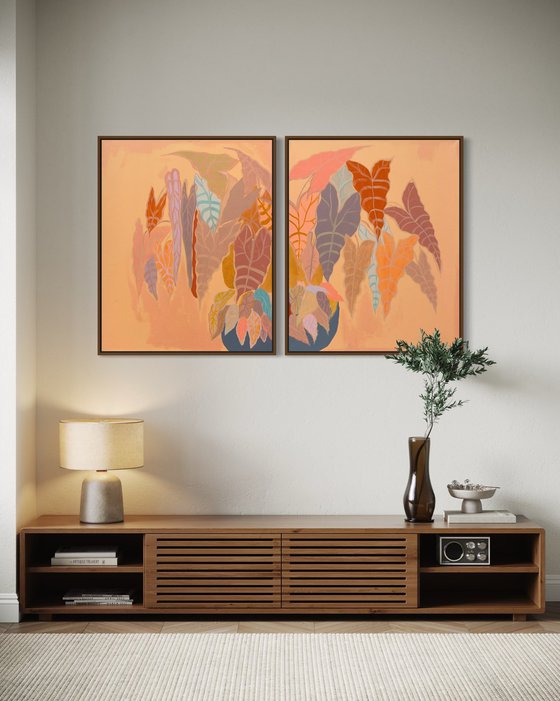 ‘Burnt Coral Alocasia and Begonia’ diptych