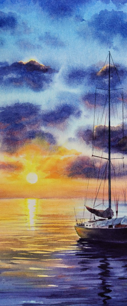 Sailboat - Yacht Art  - seasca by Olga Beliaeva Watercolour