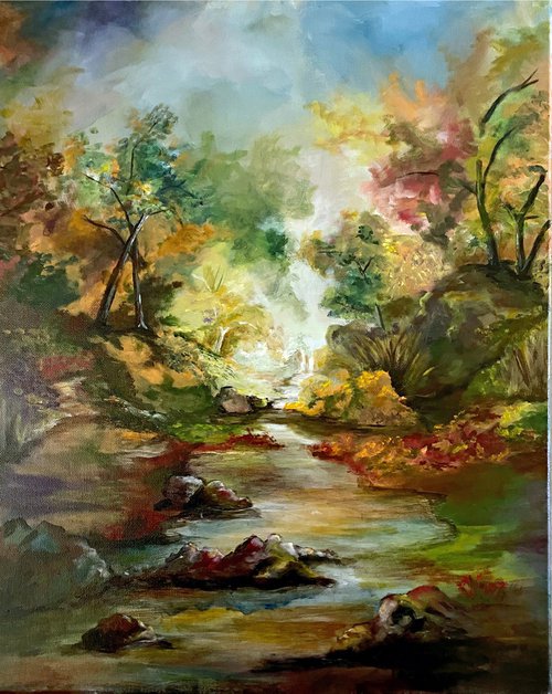 Heaven in Earth, an unique colorful original oil landscape on a 16x20 wrapped canvas in an exquisite frame by Mary Gullette