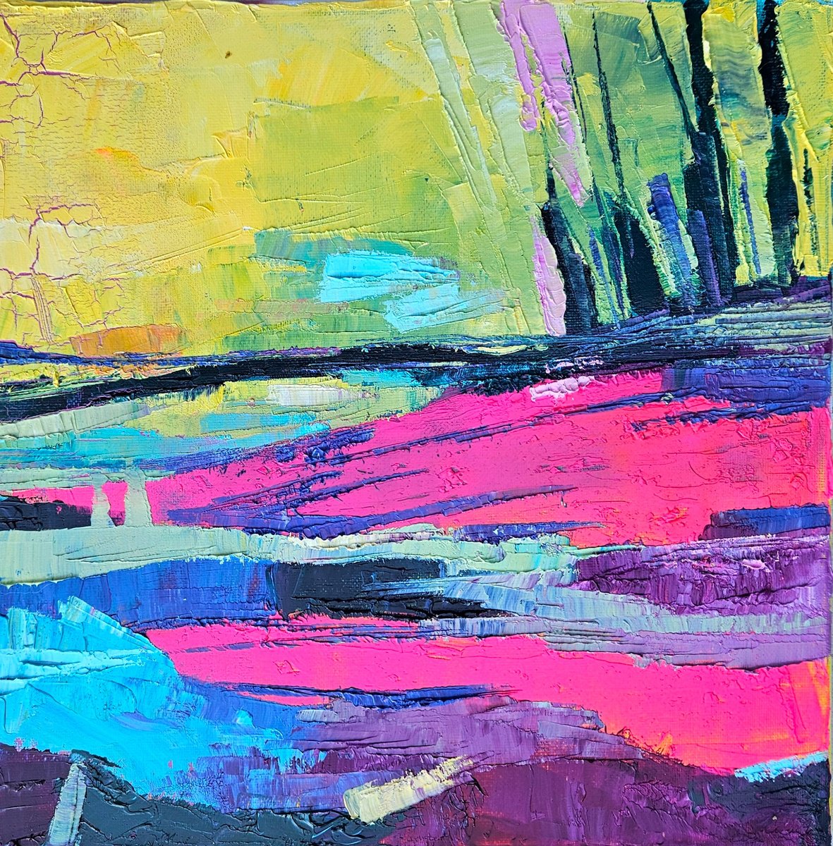 Impressionistic Landscape Oil Painting By Simon Tunde, 12 X 12", Horison 2., Original Artwork