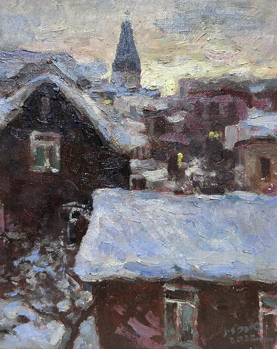 Original Oil Painting Wall Art Signed unframed Hand Made Jixiang Dong Canvas 25cm × 20cm Landscape Snowy Night in Reykjavik Iceland Small Impressionism Impasto