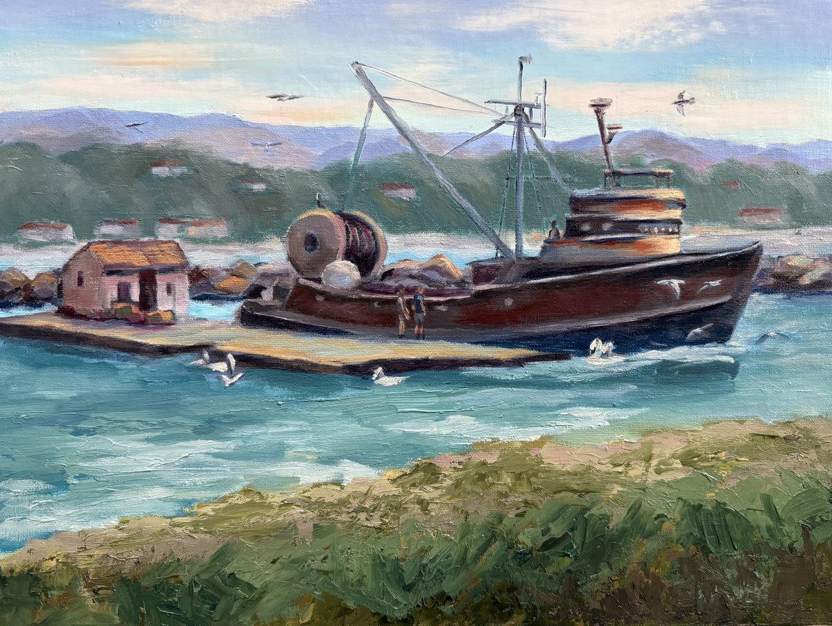 Impressionistic Landscape Oil Painting By Grace Diehl, 12 X 9, Crane Vessel, Original Artwork