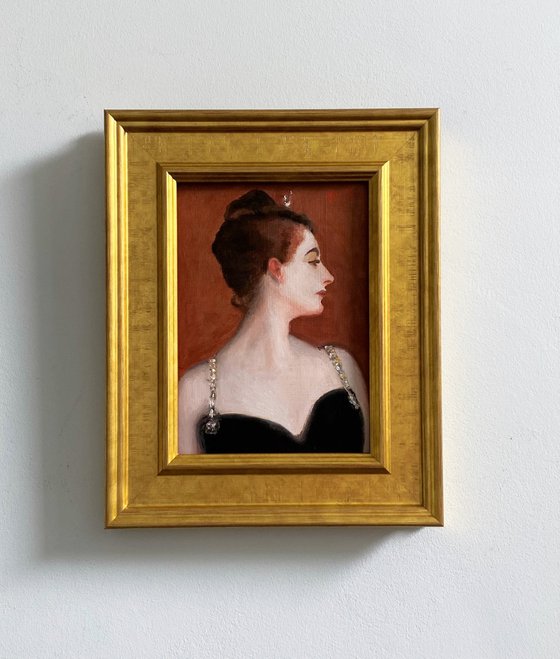 Madame X study after Singer Sargent, oil painting, with wooden frame.