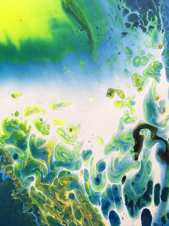 "Neon Waterfall" - Special Price - Original Abstract PMS Fluid Acrylic Painting, 18 x 24 inches