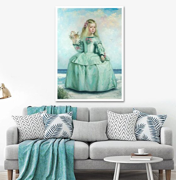 TURQUOISE MENINA or GIRL WITH A SEASHELL (Inspired by Diego Velázquez - Gift Beach Home Decor Beach House Decor)