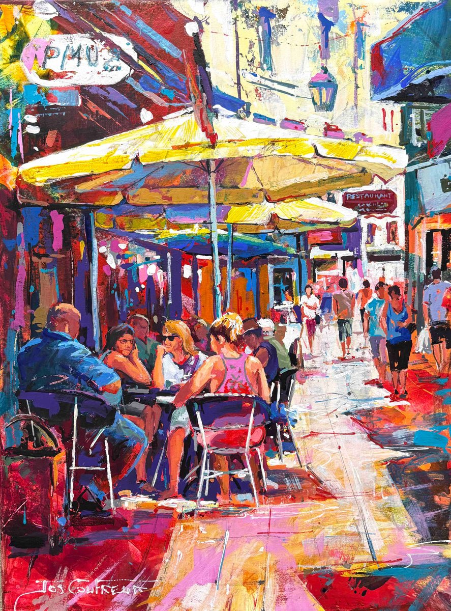 Impressionistic Cityscapes Acrylic Painting By Jos Coufreur, 25 X 33, French Cafe 2, Original Artwork