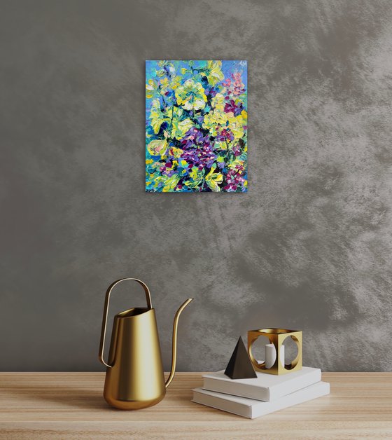 Mallow and phlox - Sunny joy, 35*45cm, impressionistic flowers oil painting in yellow and violet, purple, sunny mood