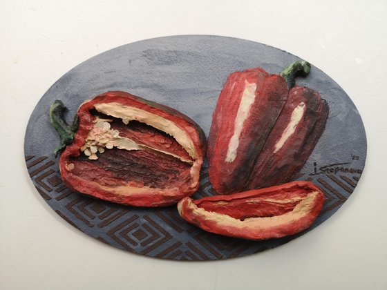 Sweet red pepper on a dark background-a delicious bas-relief for the kitchen 13, 5x20x4 cm.