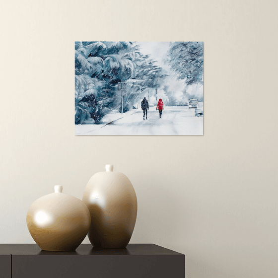 Stroll in the snow, original watercolour painting of a couple in snow