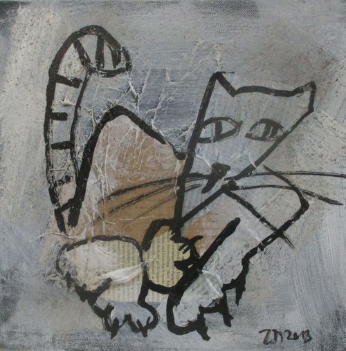 little cats collage with papers and sand by Sonja Zeltner-Müller