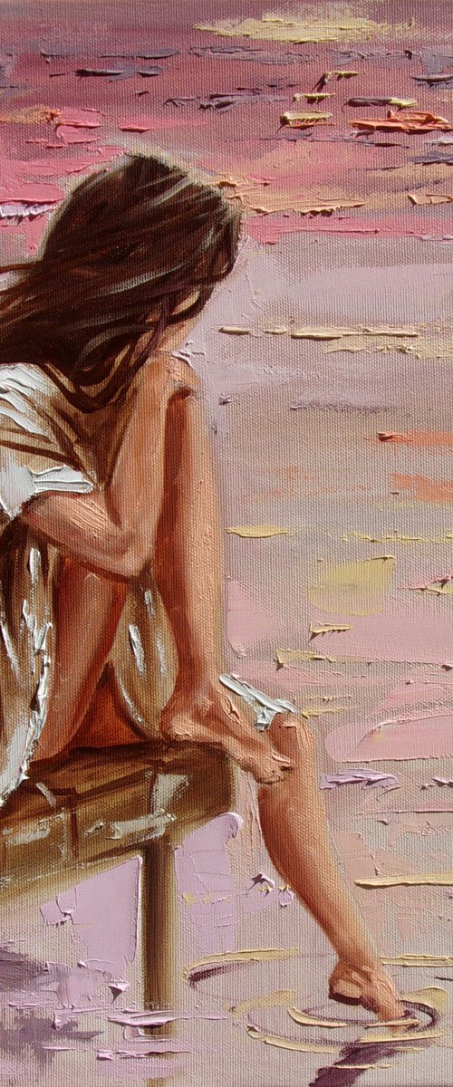 " SOMEWHERE, SOMEDAY ... " SUN SKY SEA SAND liGHt  ORIGINAL OIL PAINTING, GIFT, PALETTE KNIFE by Monika Luniak