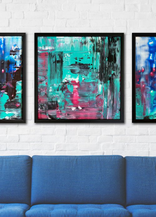 "Night Walkers" - Save As A Series - Original PMS Abstract Triptych Acrylic Paintings On Plexiglass, Framed - 78" x 26" by Preston M. Smith (PMS)
