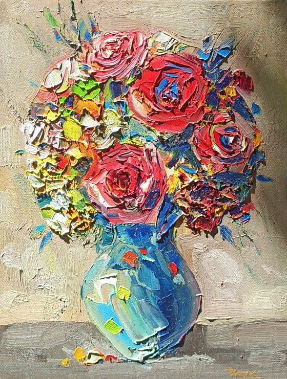 Roses in vase (30x40cm, oil painting,  ready to hang)