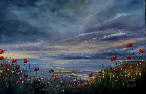 Poppies at the Beach 30"x20"×2" Large Seascape Oil Painting