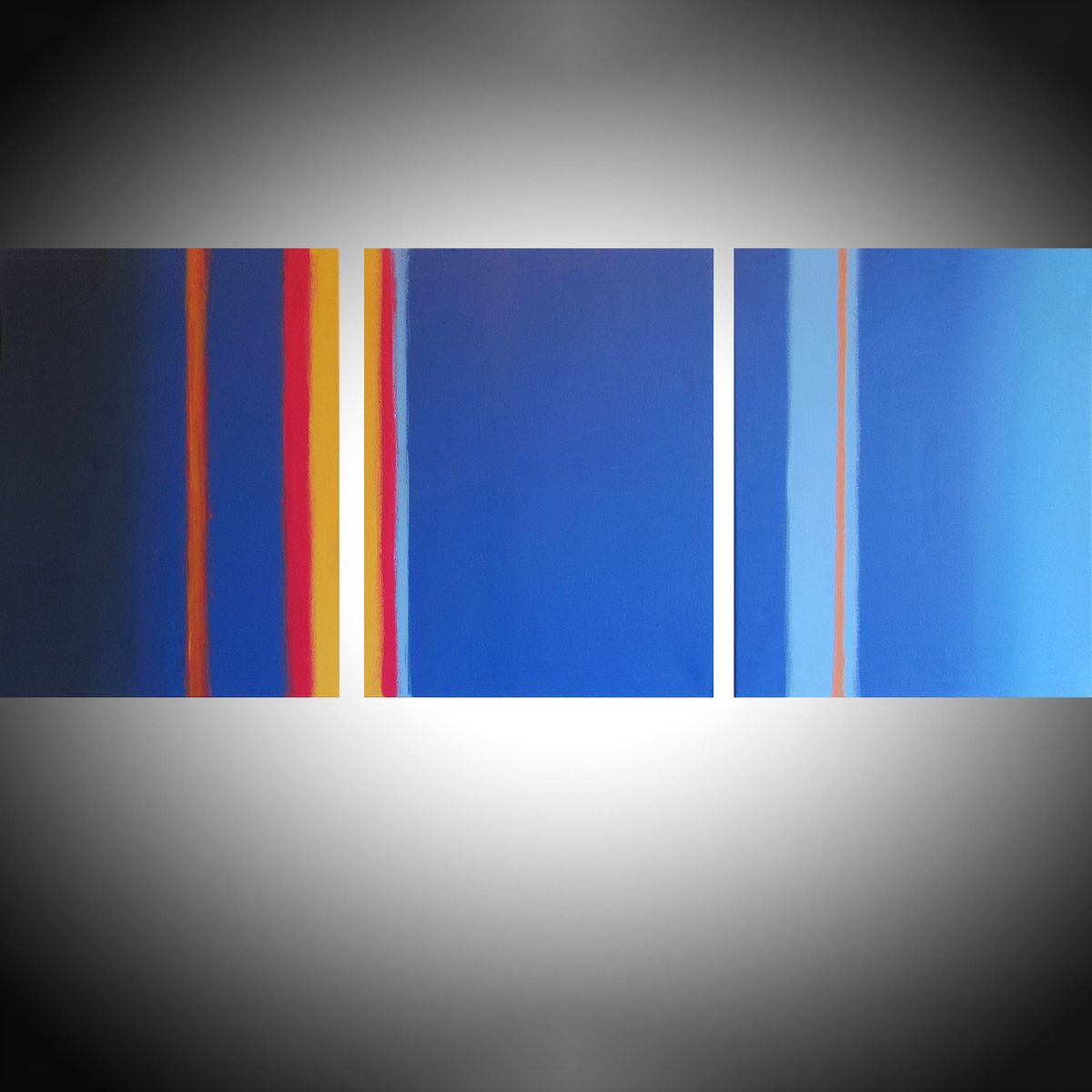 Abstract Acrylic Painting By Stuart Wright, 48 X 20", Lateral Flats Triptych Blue, Original Artwork