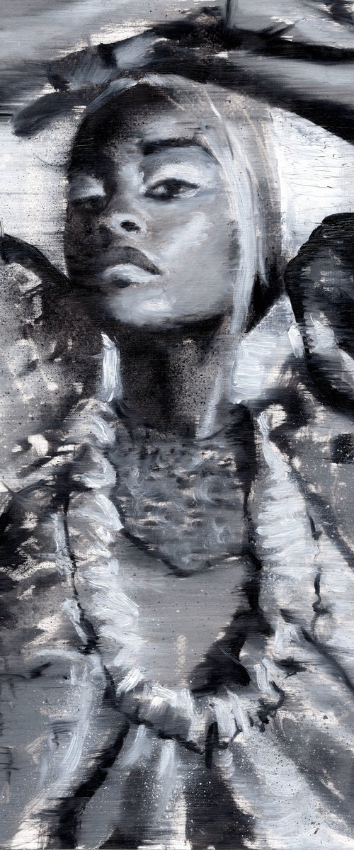Fedola | Black and white woman female fashion oil painting on paper | beautiful powerful black lady by Renske Karlien Hercules